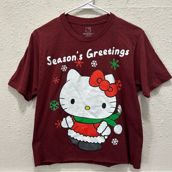 Hello Kitty Tops - Hello Kitty Christmas "Seasons Greetings" Cropped Cut Off Tee Small